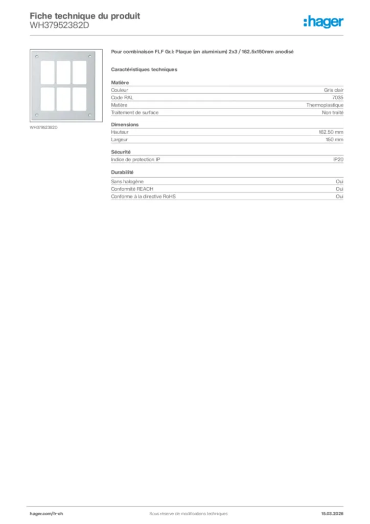 Image Hager Fiche technique du produit WH37952382D | Hager Suisse