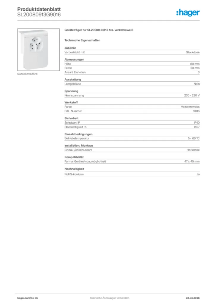 Bild Hager Produktdatenblatt SL20080913G9016 | Hager Schweiz