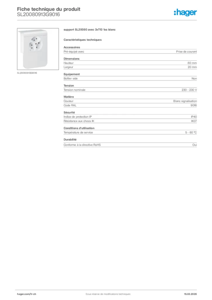 Image Hager Fiche technique du produit SL20080913G9016 | Hager Suisse