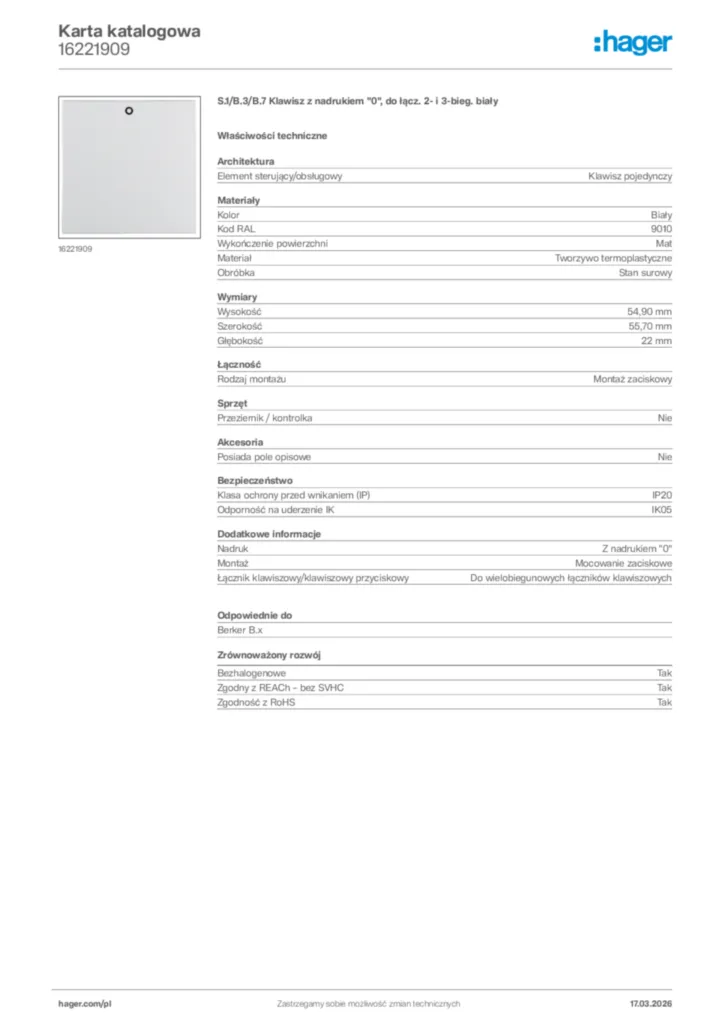 Zdjęcie Hager Karta katalogowa 16221909 | Hager Polska