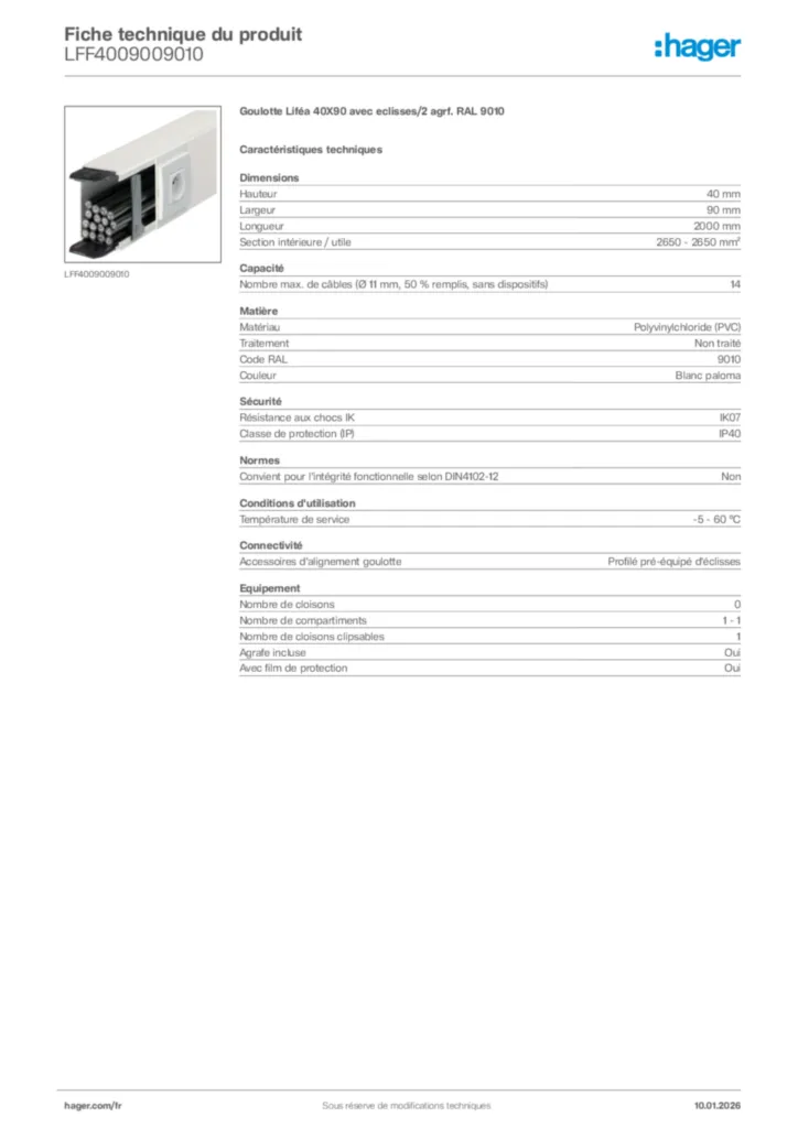 Image Hager Fiche technique du produit LFF4009009010 | Hager France