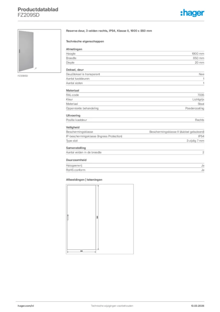 Afbeelding Hager Productdatablad FZ209SD | Hager Nederland