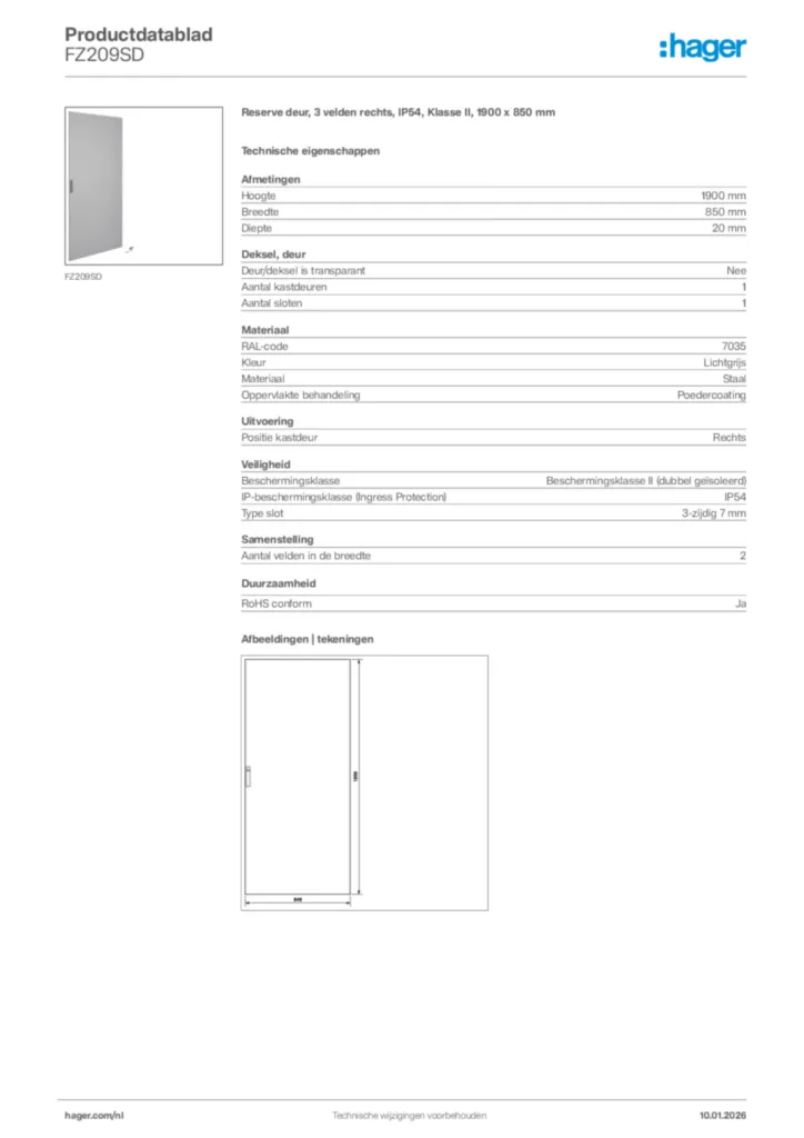 Afbeelding Hager Productdatablad FZ209SD | Hager Nederland