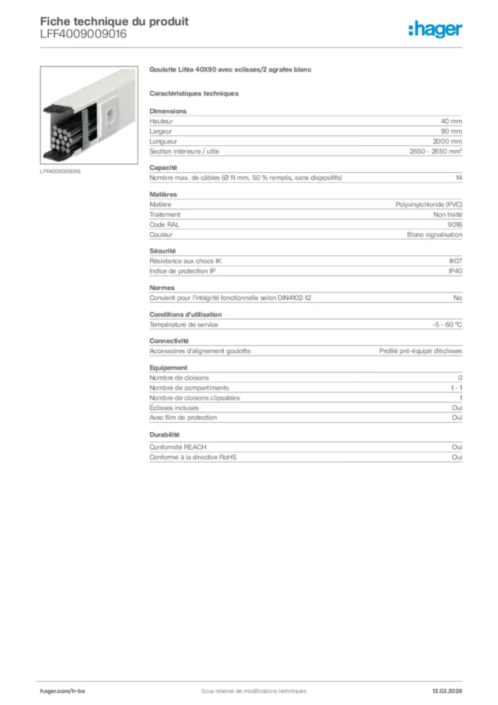 Image Hager Fiche technique du produit LFF4009009016 | Hager Belgique