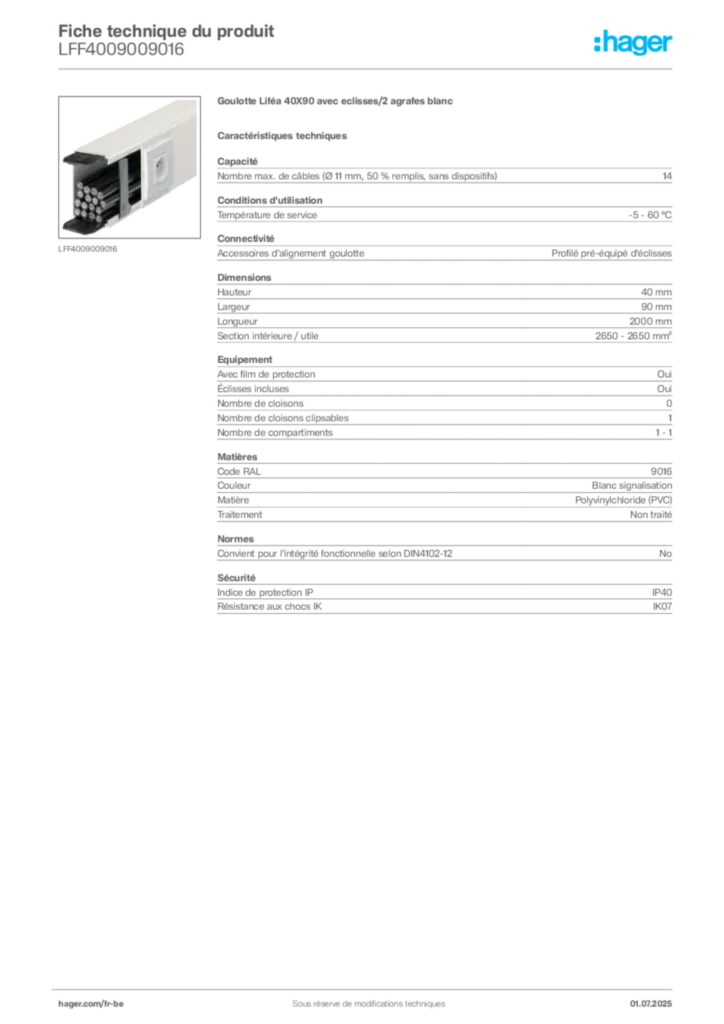 Image Hager Fiche technique du produit LFF4009009016 | Hager Belgique