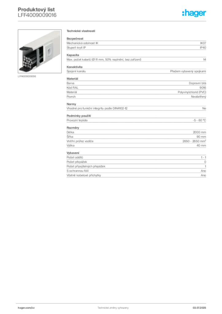 Obrázek Hager Produktový list LFF4009009016 | Hager