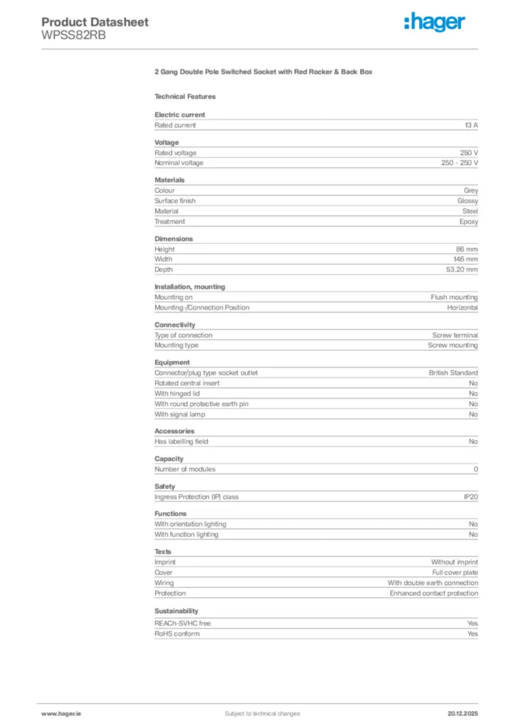 Image Hager Product data sheet WPSS82RB  | Hager