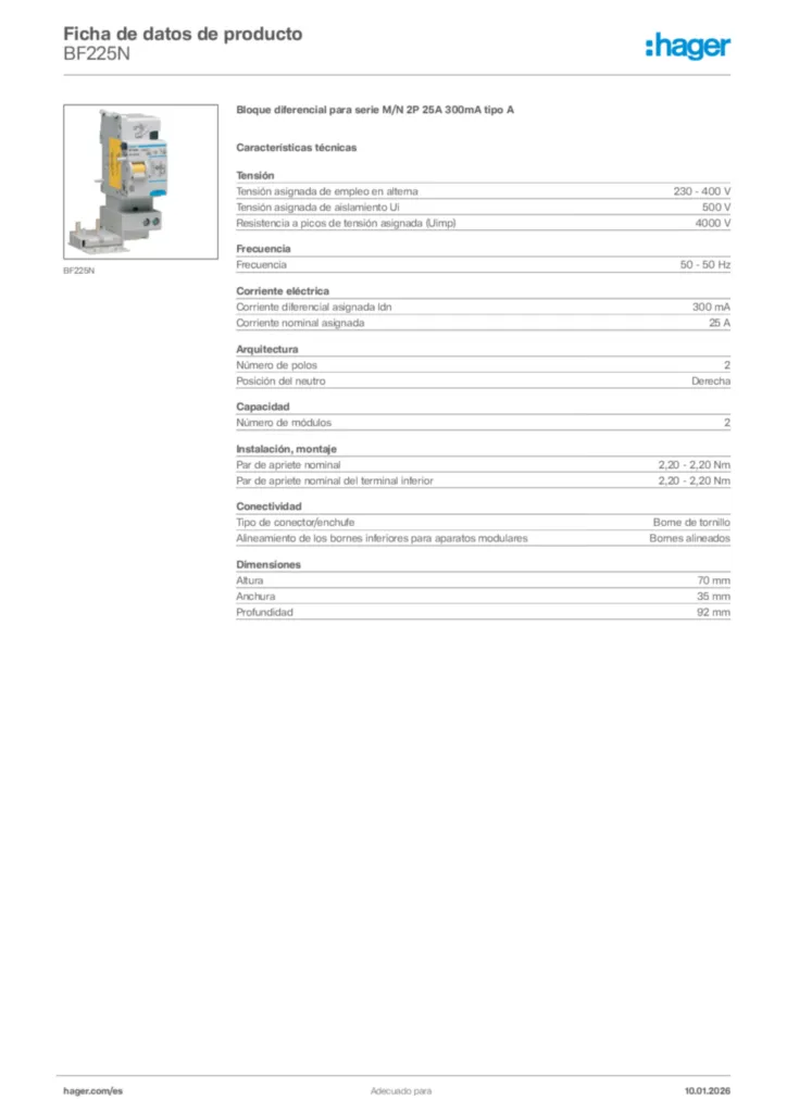Imagen Hager Ficha de datos de producto BF225N | Hager España