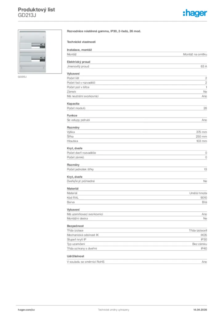 Obrázek Hager Product data sheet GD213J | Hager