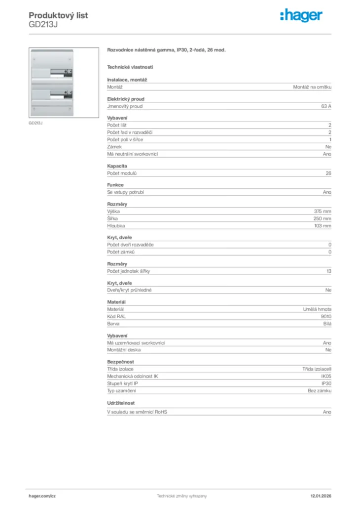 Obrázek Hager Product data sheet GD213J | Hager