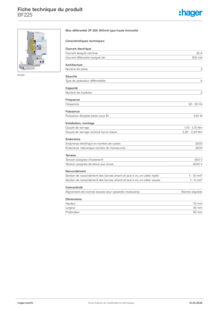 Image Hager Fiche technique du produit BF225 | Hager France