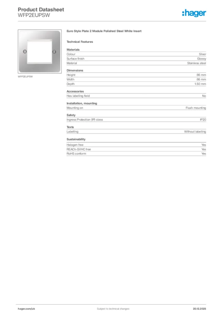 Image Hager Product data sheet WFP2EUPSW  | Hager
