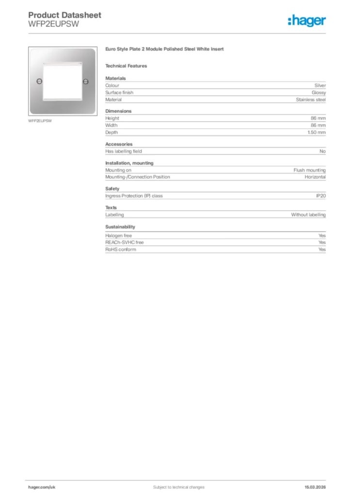 Image Hager Product data sheet WFP2EUPSW  | Hager