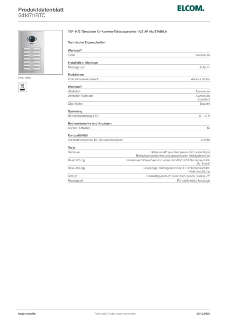 Bild Elcom Produktdatenblatt 5414711BTC | Hager Deutschland