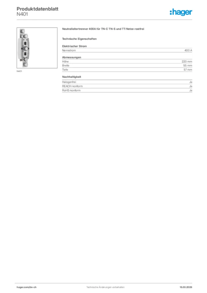 Bild Hager Produktdatenblatt N401 | Hager Schweiz