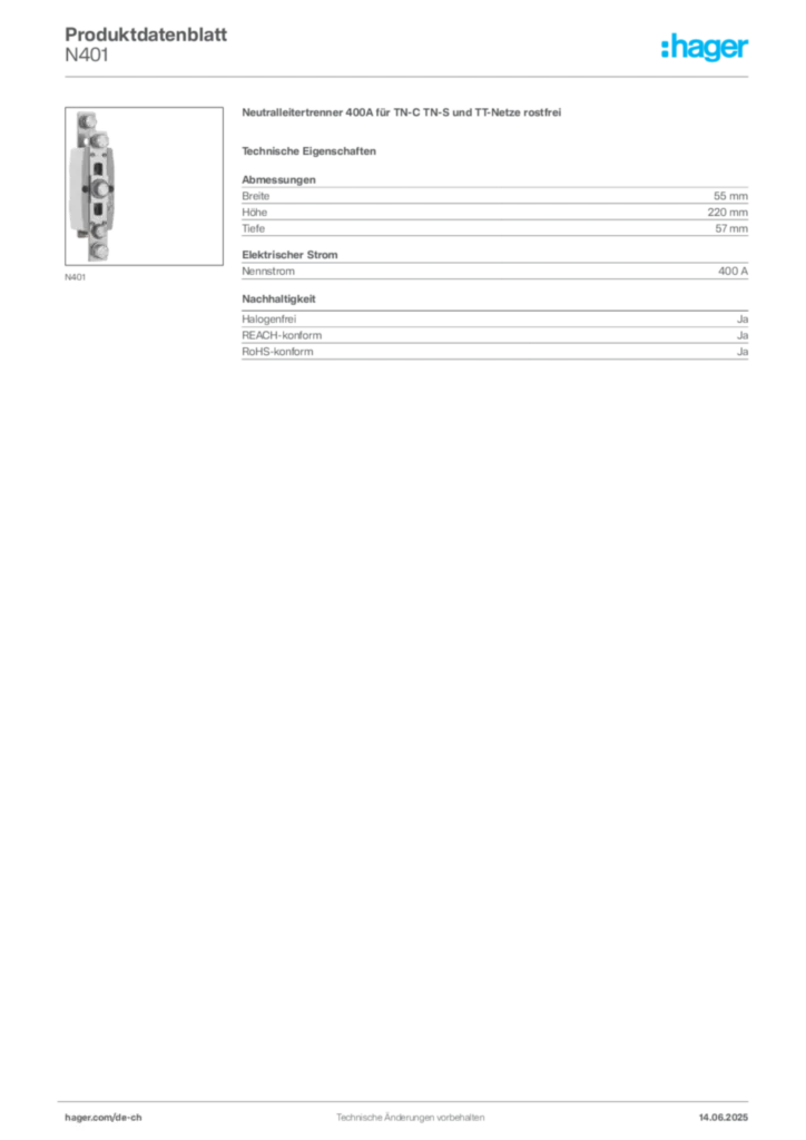 Bild Hager Produktdatenblatt N401 | Hager Schweiz