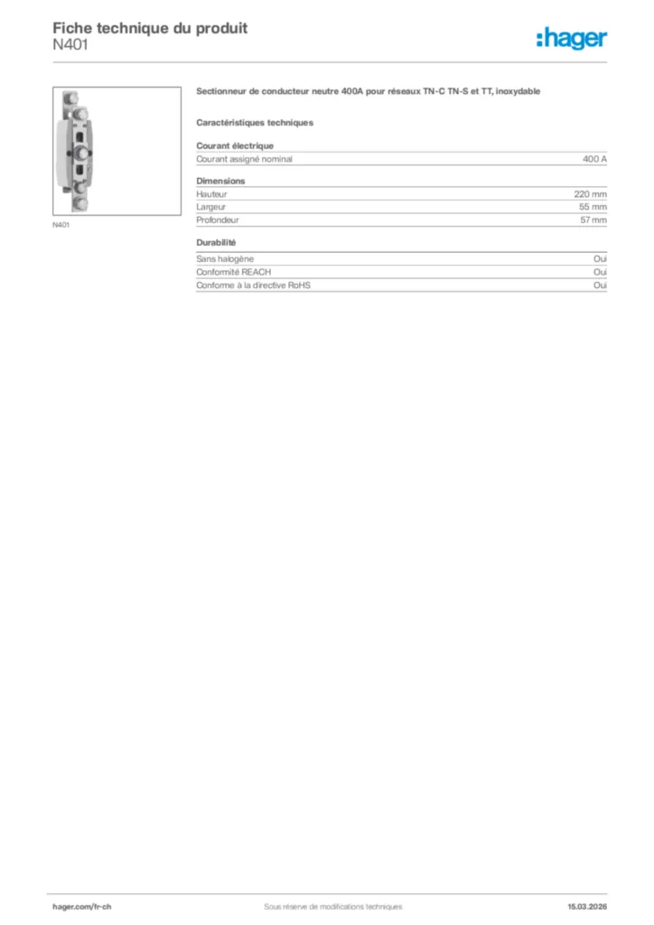 Image Hager Fiche technique du produit N401 | Hager Suisse