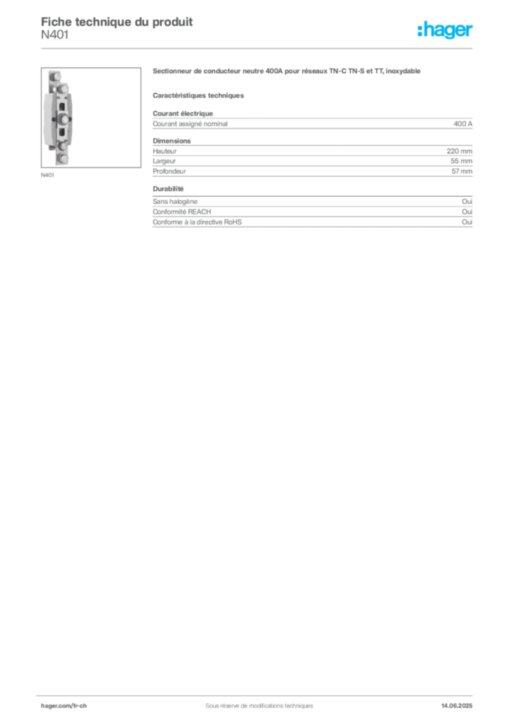 Image Hager Fiche technique du produit N401 | Hager Suisse