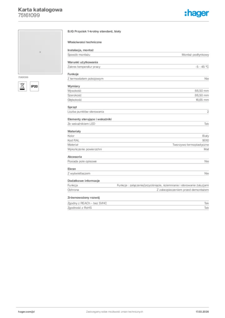 Zdjęcie Hager Karta katalogowa 75161099 | Hager Polska