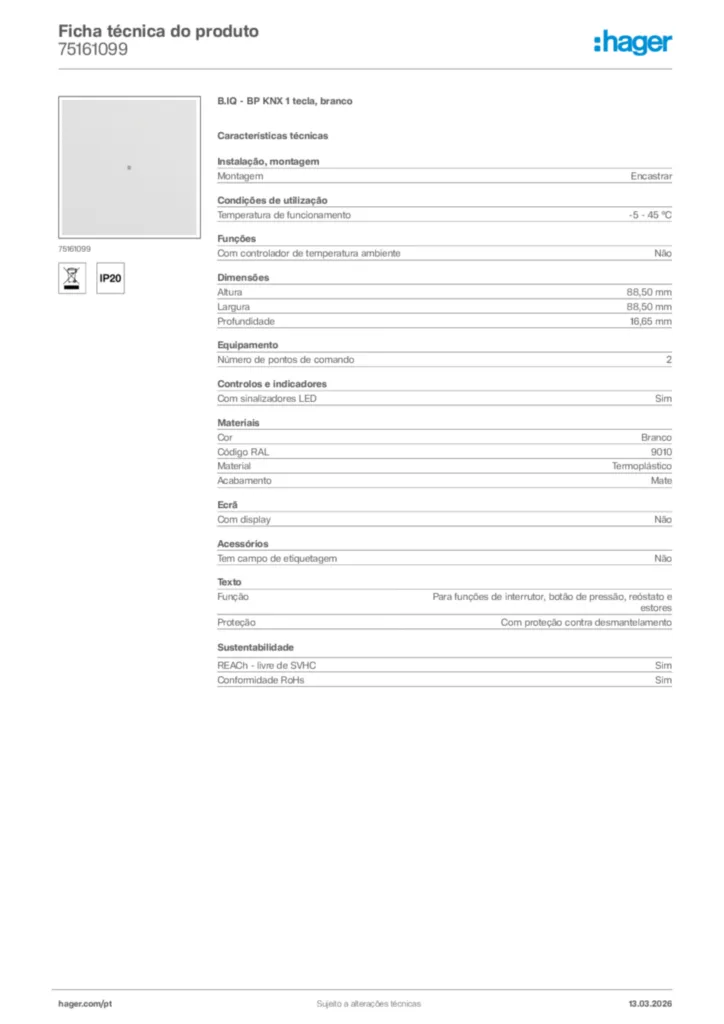 Imagem Hager Ficha técnica do produto 75161099 | Hager Portugal