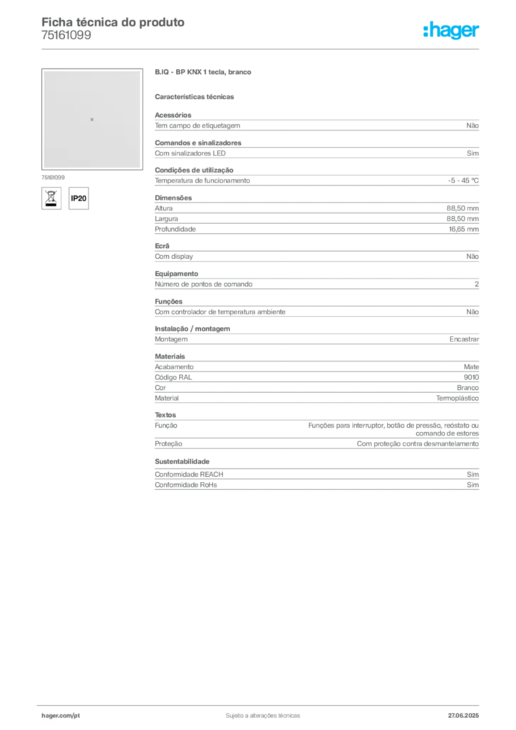 Imagem Hager Ficha técnica do produto 75161099 | Hager Portugal