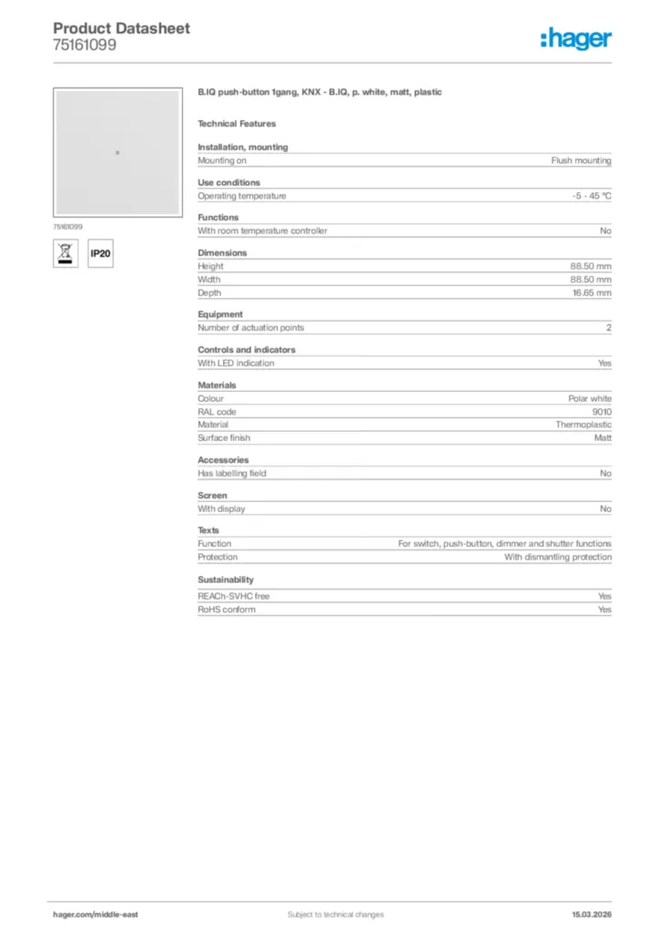 Image Hager Product data sheet 75161099  | Hager