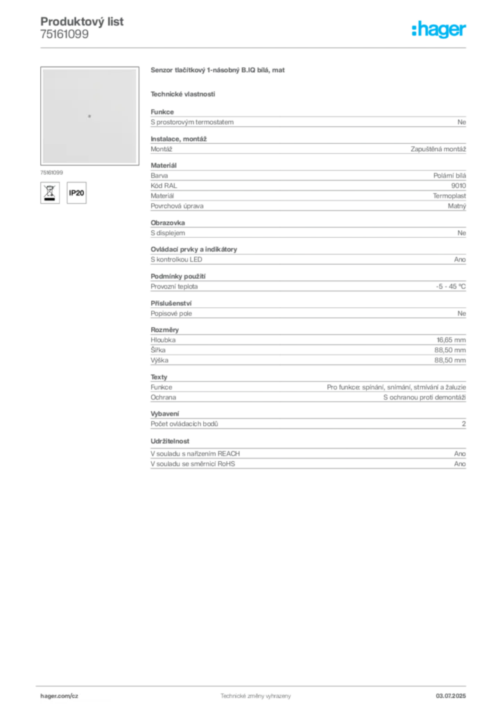 Obrázek Hager Produktový list 75161099 | Hager