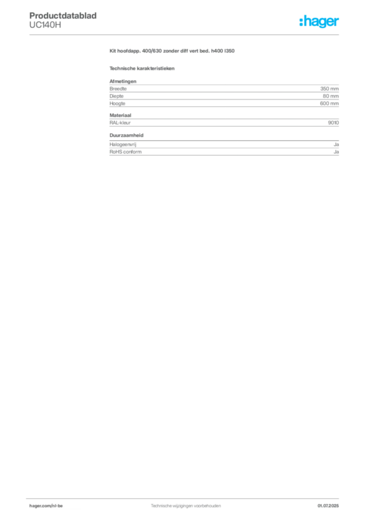 Afbeelding Hager Productdatablad UC140H | Hager Belgium