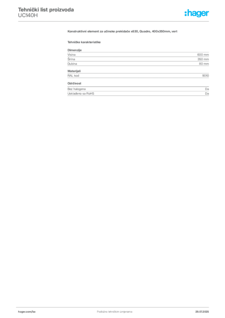Slika Hager Product data sheet UC140H  | Hager