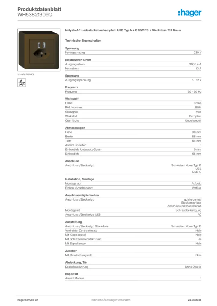 Bild Hager Produktdatenblatt WH53821309Q | Hager Schweiz