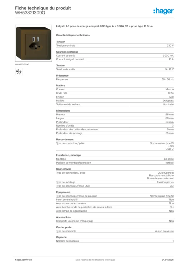 Image Hager Fiche technique du produit WH53821309Q | Hager Suisse