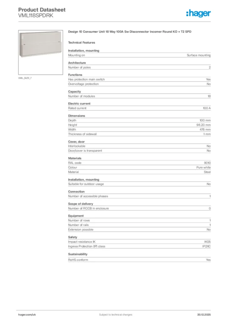 Image Hager Product data sheet VML118SPDRK  | Hager