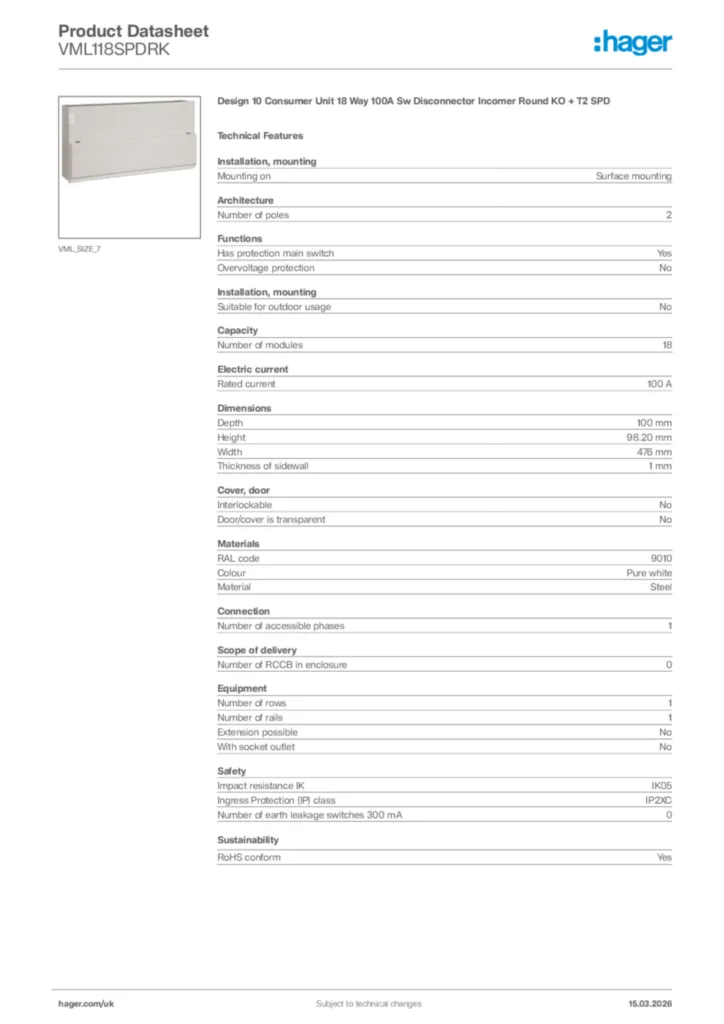 Image Hager Product data sheet VML118SPDRK  | Hager