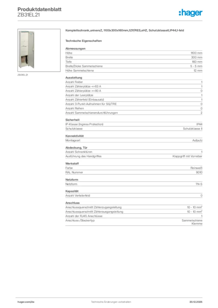 Bild Hager Produktdatenblatt ZB31EL21 | Hager Deutschland