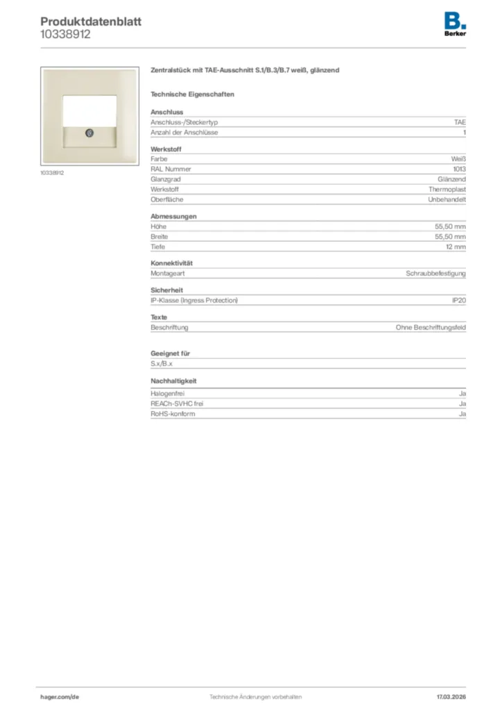 Bild Berker Produktdatenblatt 10338912 | Hager Deutschland