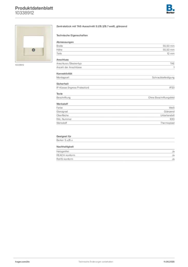 Bild Berker Produktdatenblatt 10338912 | Hager Deutschland