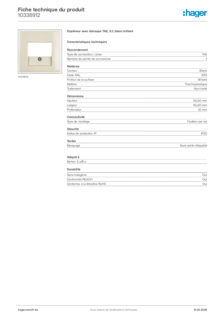 Image Hager Fiche technique du produit 10338912 | Hager Belgique