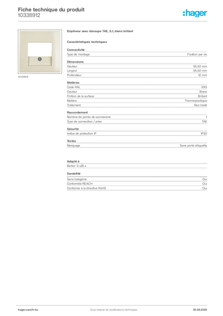 Image Hager Fiche technique du produit 10338912 | Hager Belgique