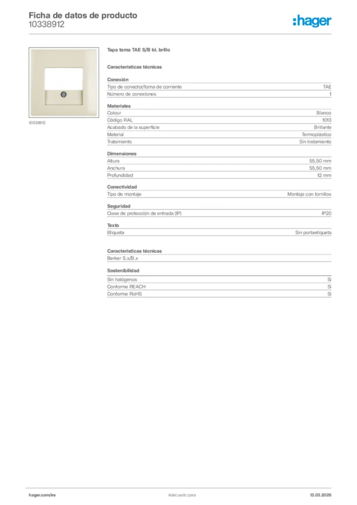 Imagen Hager Ficha de datos de producto 10338912 | Hager España
