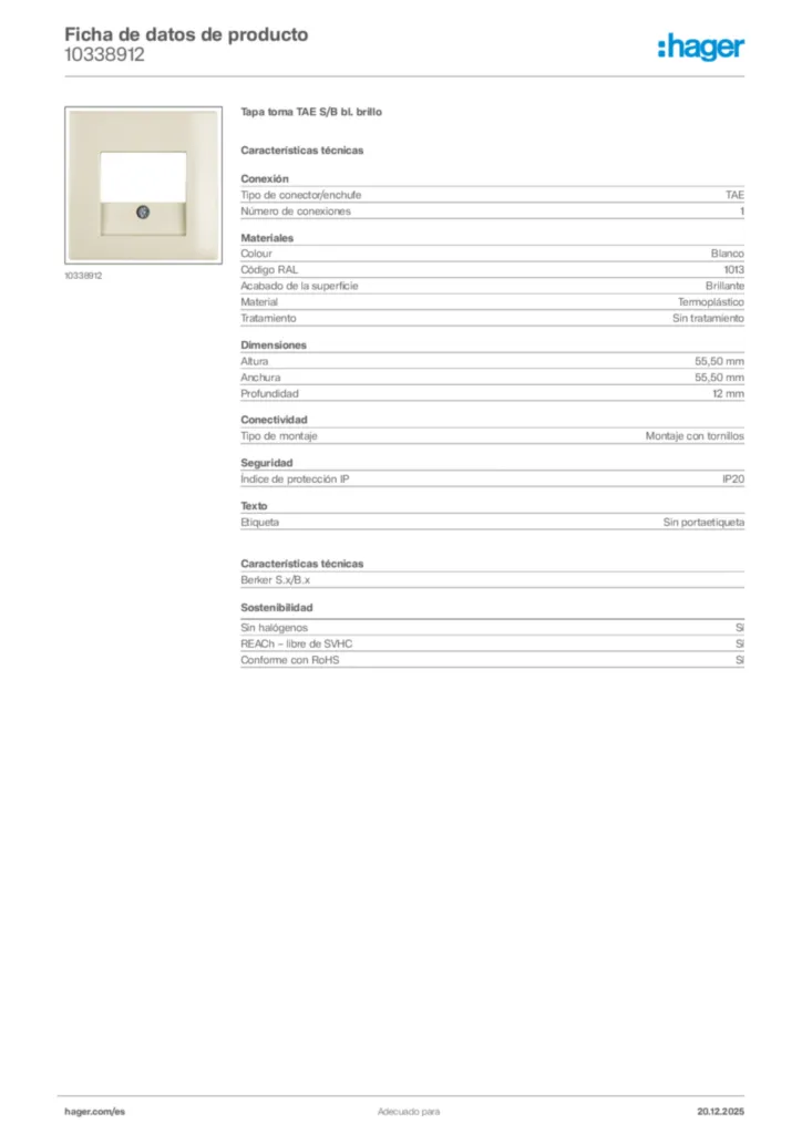 Imagen Hager Ficha de datos de producto 10338912 | Hager España