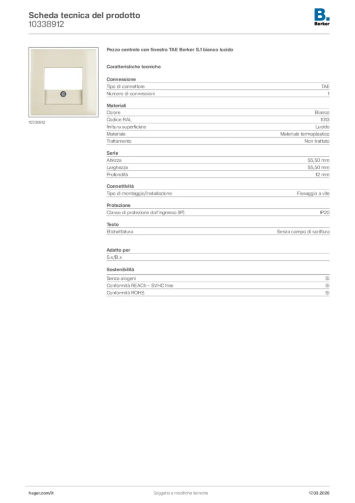 Immagine Berker Scheda tecnica del prodotto 10338912 | Hager Italia