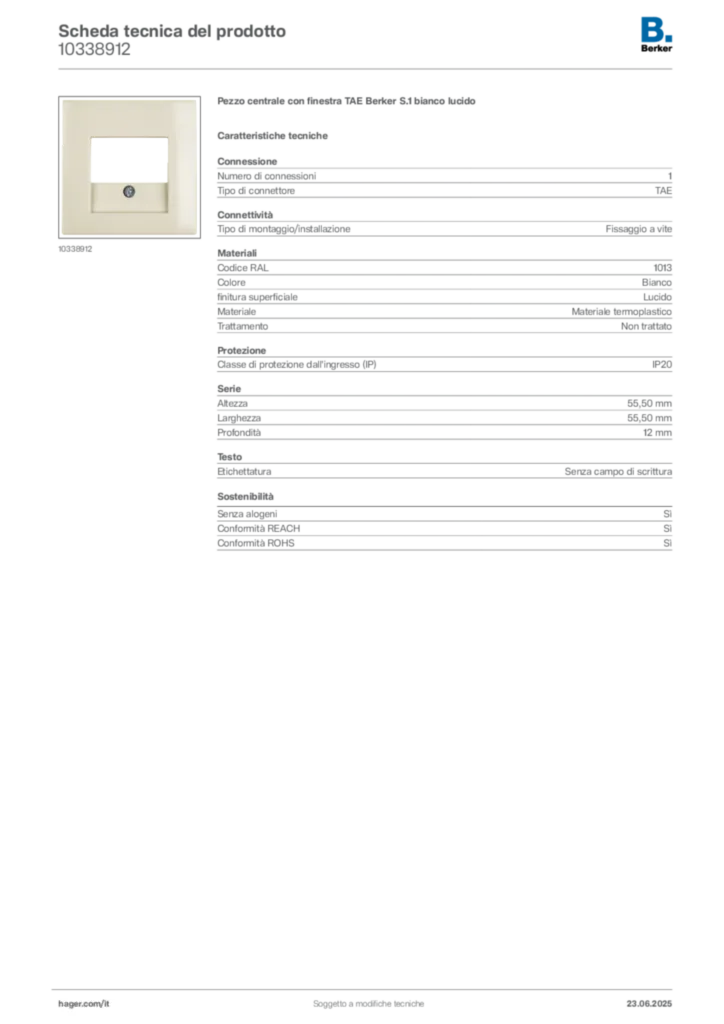 Immagine Berker Scheda tecnica del prodotto 10338912 | Hager Italia