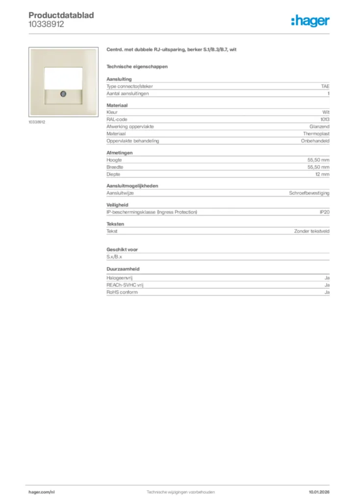 Afbeelding Hager Productdatablad 10338912 | Hager Nederland