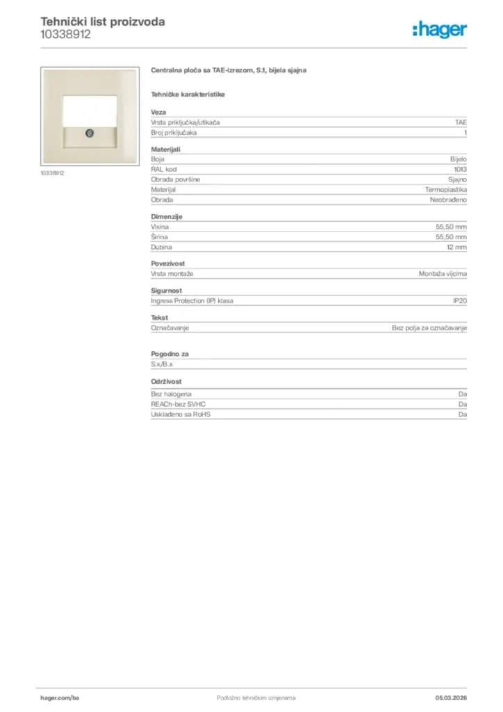 Slika Hager Tehnički list proizvoda 10338912  | Hager