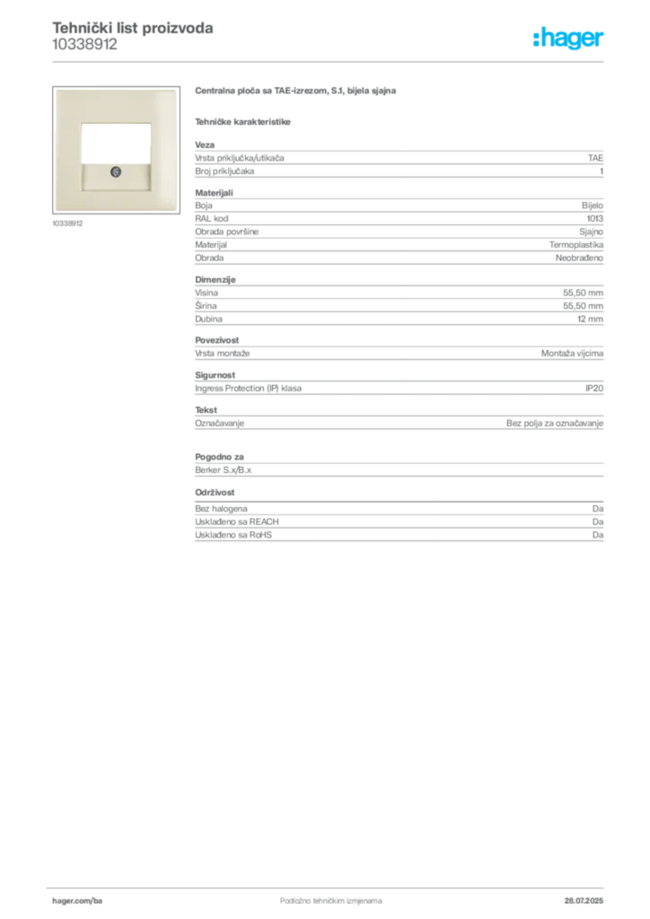 Slika Hager Product data sheet 10338912  | Hager