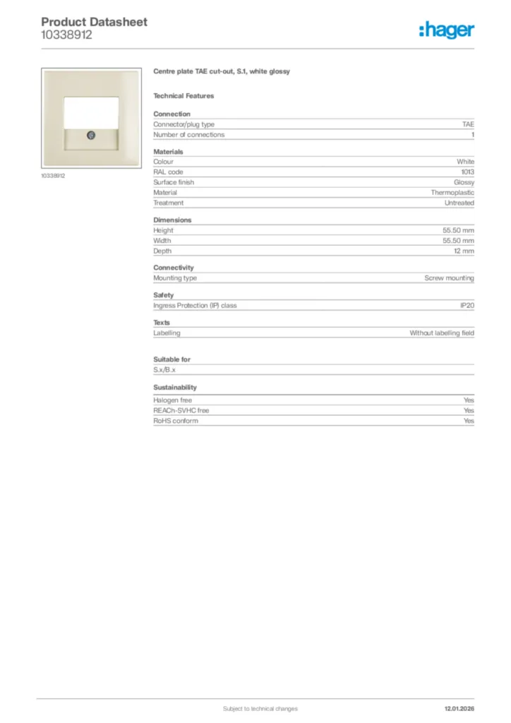 Image Hager Product data sheet 10338912  | Hager