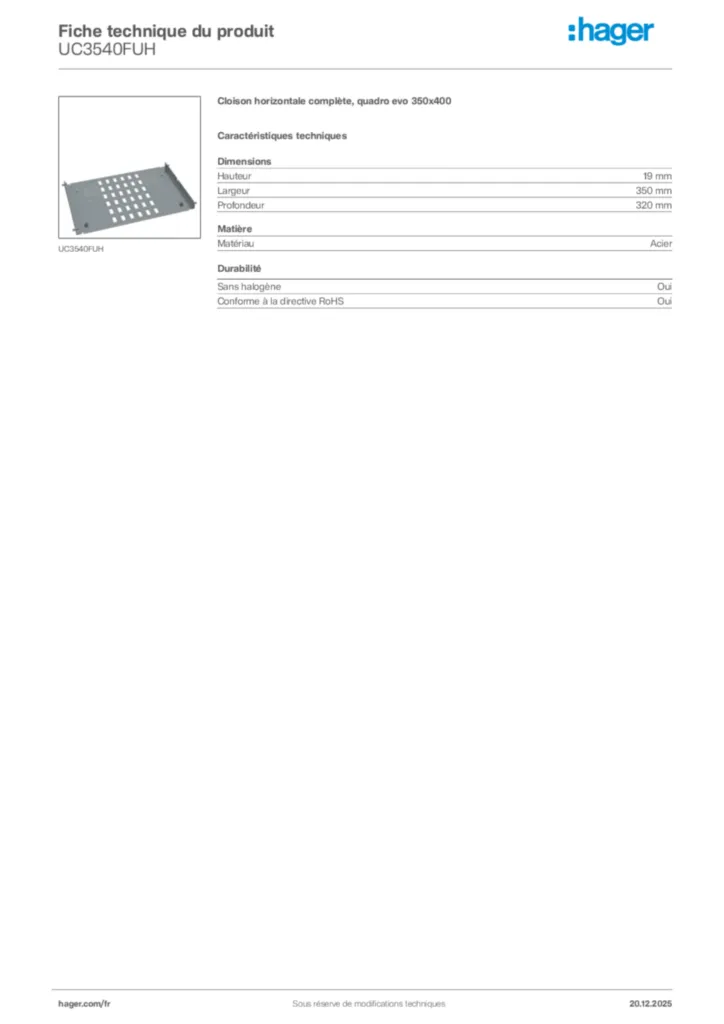 Image Hager Fiche technique du produit UC3540FUH | Hager France