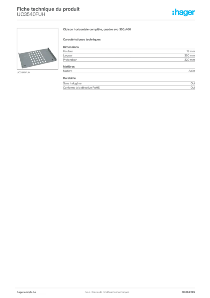 Image Hager Fiche technique du produit UC3540FUH | Hager Belgique
