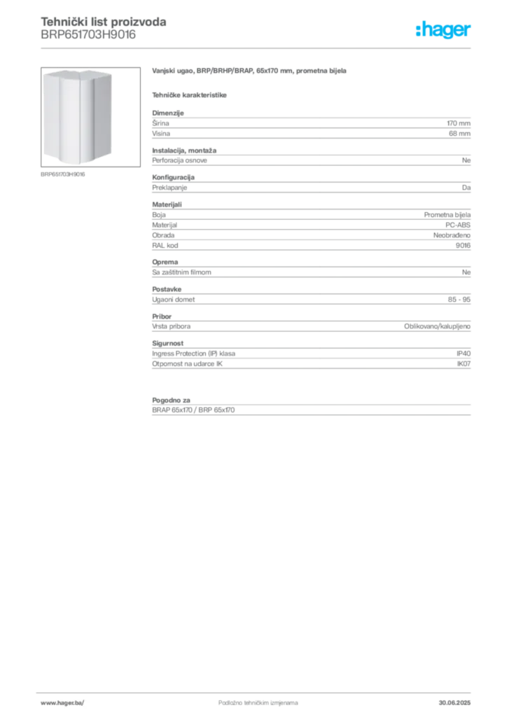 Slika Hager Product data sheet BRP651703H9016  | Hager