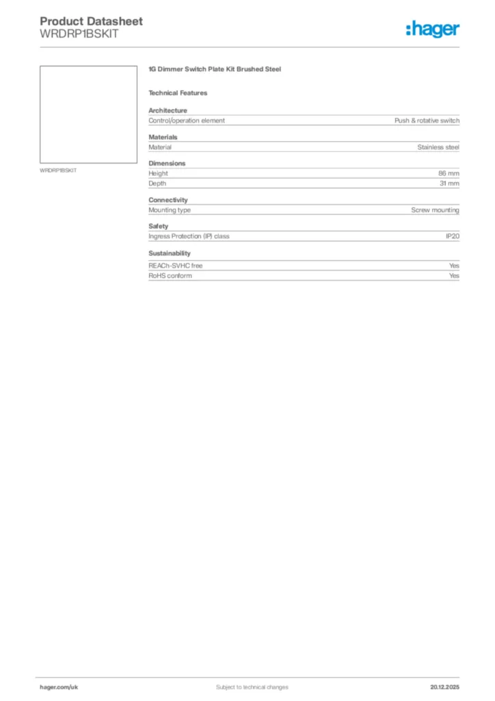 Image Hager Product data sheet WRDRP1BSKIT  | Hager